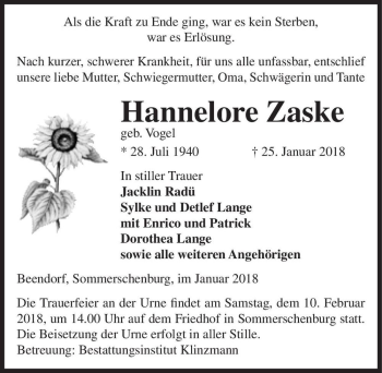 Traueranzeige von Hannelore Zaske (geb. Vogel)  von Magdeburger Volksstimme