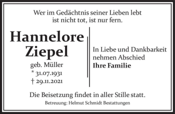Traueranzeige von Hannelore Ziepel (geb. Müller)  von Magdeburger Volksstimme