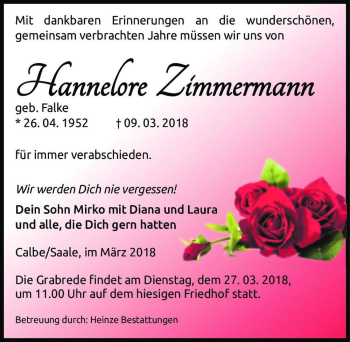 Traueranzeige von Hannelore Zimmermann (geb. Falke)  von Magdeburger Volksstimme