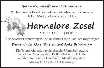 Traueranzeige von Hannelore Zosel  von Magdeburger Volksstimme