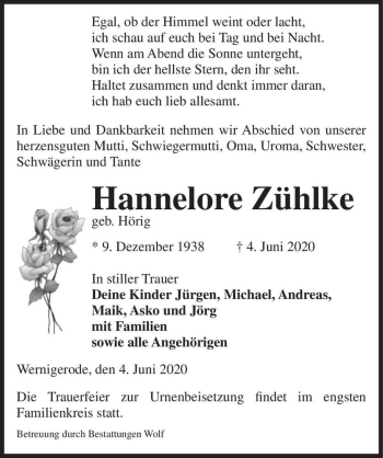 Traueranzeige von Hannelore Zühlke (geb. Hörig)  von Magdeburger Volksstimme