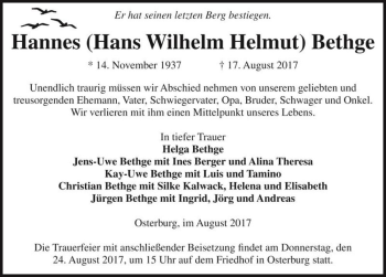 Traueranzeige von Hannes (Hans Wilhelm Helmut) Bethge  von Magdeburger Volksstimme