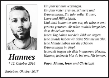 Traueranzeige von Hannes  von Magdeburger Volksstimme