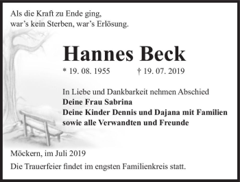 Traueranzeige von Hannes Beck  von Magdeburger Volksstimme