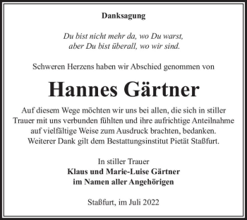 Traueranzeige von Hannes Gärtner  von Magdeburger Volksstimme