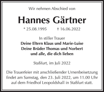 Traueranzeige von Hannes Gärtner  von Magdeburger Volksstimme