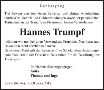 Traueranzeige von Hannes Trumpf  von Magdeburger Volksstimme