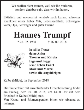 Traueranzeige von Hannes Trumpf  von Magdeburger Volksstimme