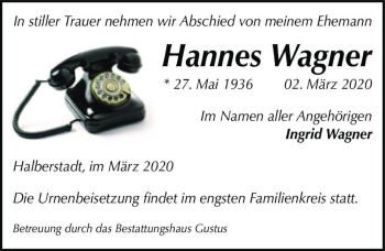 Traueranzeige von Hannes Wagner  von Magdeburger Volksstimme