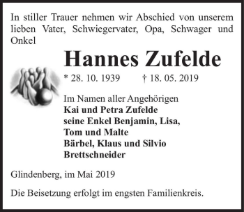 Traueranzeige von Hannes Zufelde  von Magdeburger Volksstimme