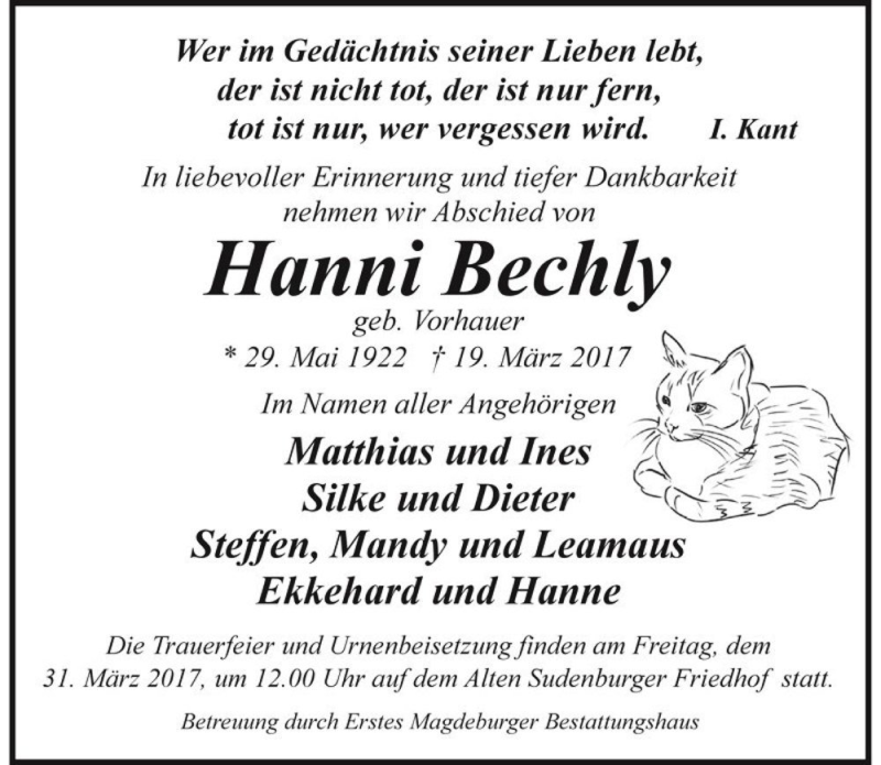  Traueranzeige für Hanni Bechly (geb. Vorhauer)  vom 25.03.2017 aus Magdeburger Volksstimme