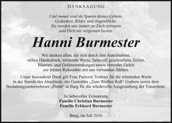 Traueranzeige von Hanni Burmester  von Magdeburger Volksstimme