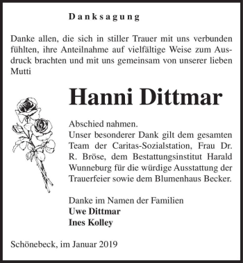 Traueranzeige von Hanni Dittmar  von Magdeburger Volksstimme