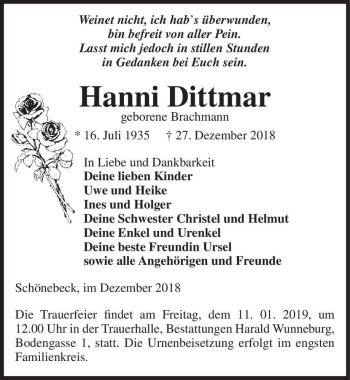 Traueranzeige von Hanni Dittmar (geb. Brachmann)  von Magdeburger Volksstimme