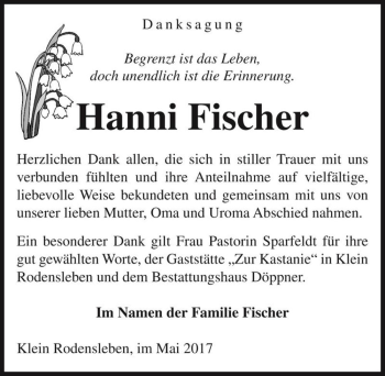 Traueranzeige von Hanni Fischer  von Magdeburger Volksstimme