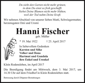 Traueranzeige von Hanni Fischer (geb. Müller)  von Magdeburger Volksstimme