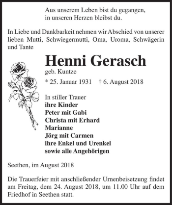 Traueranzeige von Hanni Gerasch (geb. Kuntze)  von Magdeburger Volksstimme