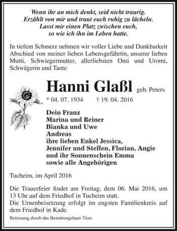 Traueranzeige von Hanni Glaßl (geb. Peters)  von Magdeburger Volksstimme