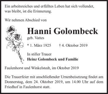 Traueranzeige von Hanni Golombeck (geb. Vattes)  von Magdeburger Volksstimme