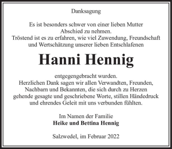 Traueranzeige von Hanni Hennig  von Magdeburger Volksstimme