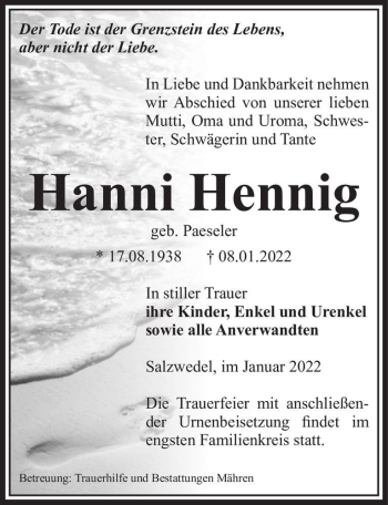 Traueranzeige von Hanni Hennig (geb. Paeseler)  von Magdeburger Volksstimme
