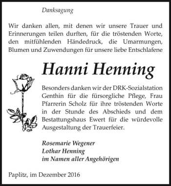 Traueranzeige von Hanni Henning  von Magdeburger Volksstimme