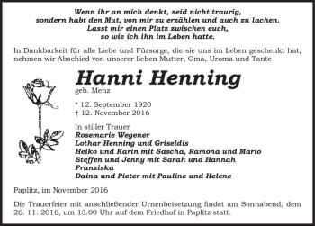 Traueranzeige von Hanni Henning (geb. Menz)  von Magdeburger Volksstimme