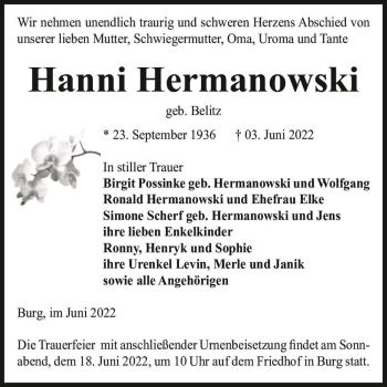 Traueranzeige von Hanni Hermanowski (geb. Belitz)  von Magdeburger Volksstimme