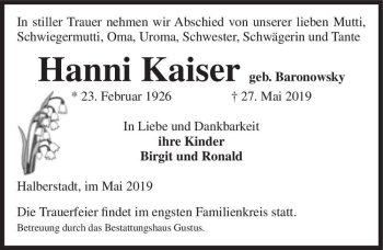 Traueranzeige von Hanni Kaiser (geb. Baronowsky)  von Magdeburger Volksstimme