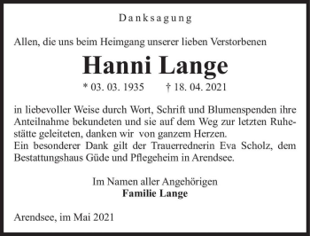Traueranzeige von Hanni Lange  von Magdeburger Volksstimme