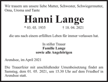 Traueranzeige von Hanni Lange  von Magdeburger Volksstimme