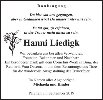 Traueranzeige von Hanni Liedigk  von Magdeburger Volksstimme