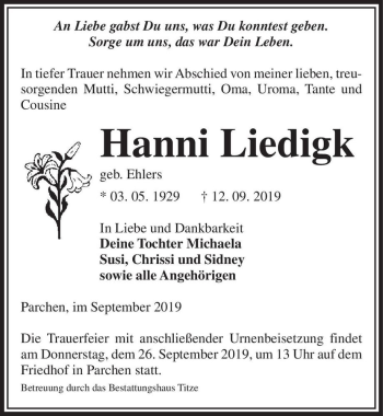 Traueranzeige von Hanni Liedigk (geb. Ehlers)  von Magdeburger Volksstimme