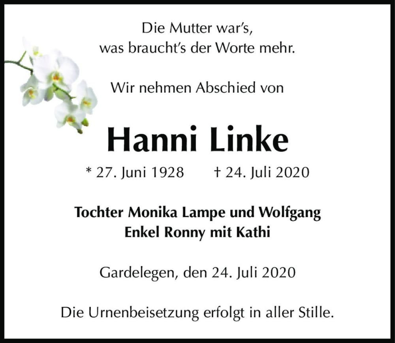  Traueranzeige für Hanni Linke  vom 28.07.2020 aus Magdeburger Volksstimme