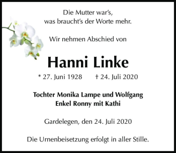 Traueranzeige von Hanni Linke  von Magdeburger Volksstimme