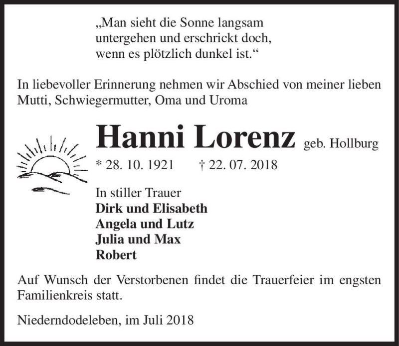  Traueranzeige für Hanni Lorenz (geb. Hollburg)  vom 28.07.2018 aus Magdeburger Volksstimme