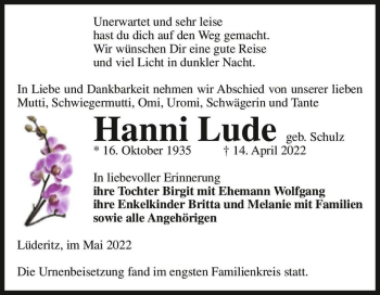 Traueranzeige von Hanni Lude (geb. Schulz)  von Magdeburger Volksstimme