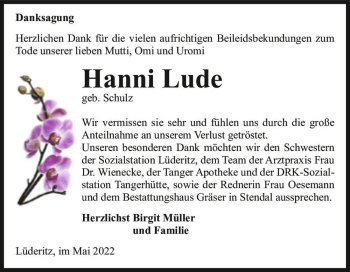 Traueranzeige von Hanni Lude (geb. Schulz)  von Magdeburger Volksstimme