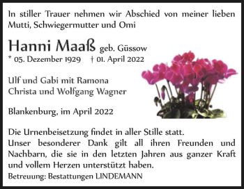 Traueranzeige von Hanni Maaß (geb. Güssow)  von Magdeburger Volksstimme