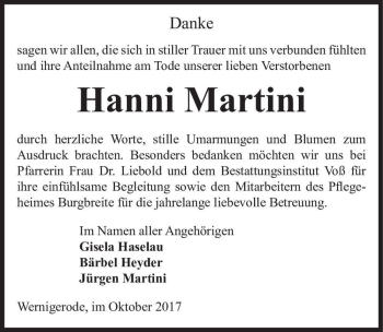 Traueranzeige von Hanni Martini  von Magdeburger Volksstimme