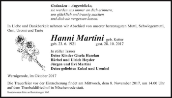 Traueranzeige von Hanni Martini (geb. Ketter)  von Magdeburger Volksstimme