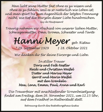 Traueranzeige von Hanni Meyer (geb. Ristau)  von Magdeburger Volksstimme