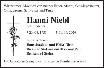 Traueranzeige von Hanni Niebl (geb. Lüderitz)  von Magdeburger Volksstimme