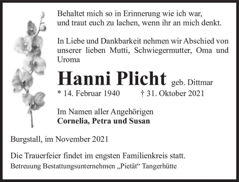  Traueranzeige für Hanni Plicht (geb. Dittmar)  vom 06.11.2021 aus Magdeburger Volksstimme
