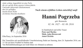 Traueranzeige von Hanni Pogrzeba (geb. Brennecke)  von Magdeburger Volksstimme