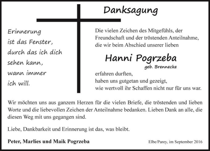  Traueranzeige für Hanni Pogrzeba (geb. Brennecke)  vom 01.10.2016 aus Magdeburger Volksstimme