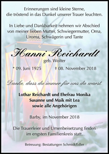 Traueranzeige von Hanni Reichardt (geb. Wolter)  von Magdeburger Volksstimme