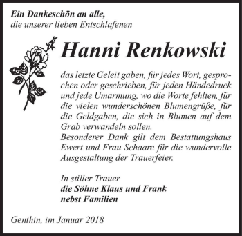 Traueranzeige von Hanni Renkowski  von Magdeburger Volksstimme