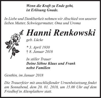 Traueranzeige von Hanni Renkowski (geb. Lücke)  von Magdeburger Volksstimme