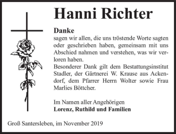 Traueranzeige von Hanni Richter  von Magdeburger Volksstimme